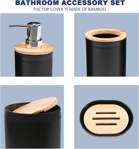 Bathroom Accessories Set, 6 Pieces Bamboo Bath Set- Soap Dish Toothbrush Holder Rinse Cup Lotion Bottle Trash Can Toilet Brush - Practical Toilet Kit for Home Washing Room, Black