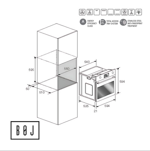 BOJ 60cm Built In Fully Electric Multifunctional Oven, OVE-6560EX Total Power 2300W, A Class Energy Efficiency, Internal Lighting, Made In Italy - 1 Year Manufacturer Warranty