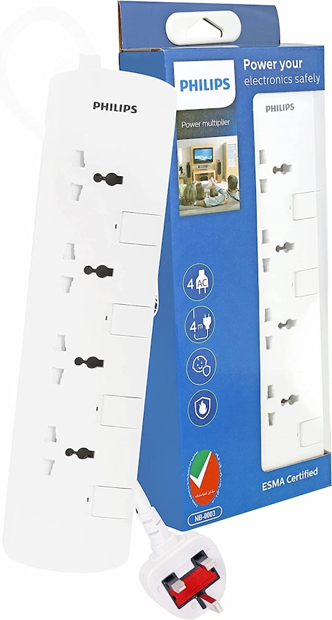 فيليبس مقبس تمديد كهربائي 4 مخارج NB-0003 أبيض 4 متر
