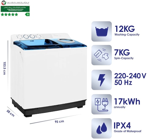 Super General 12 Kg Twin-Tub Semi-Automatic Washing Machine, White/Blue, Efficient Top-Load Washer With Lint Filter, Spin-Dry, Sgw-125, 95 X 58 X 103.5 cm, 1 Year Warranty