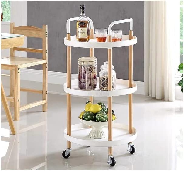 3 Tier Trolley Rolling Cart Solid Wood Frame Round Lockable Wheels Guard Rails Organizer,White