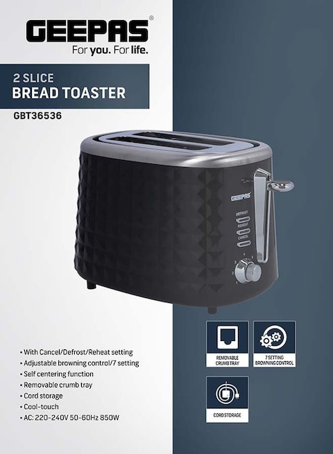 Geepas 2 Slice Bread Toaster 850W Gbt36536 Black