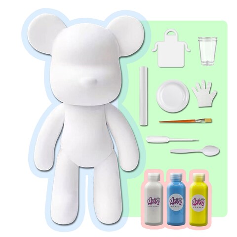 DIY CREATE YOUR OWN UNIQUE ACRYLIC FLUID POURING PAINT BEAR (9 inch - 23 cm) COMPLETE SET, colors: White, Light-Blue, Lemon-Yellow. Arts and Crafts, Customize Handmade Creative Birthday Gift
