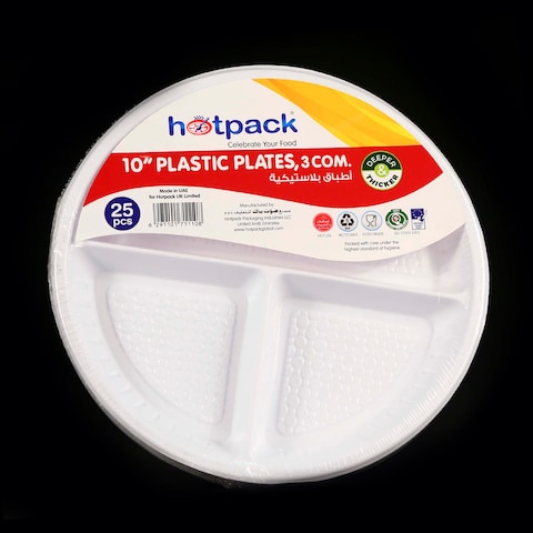 Hotpack - Plastic Round Plate - 10 Inch,  3 Div - 25Pcs