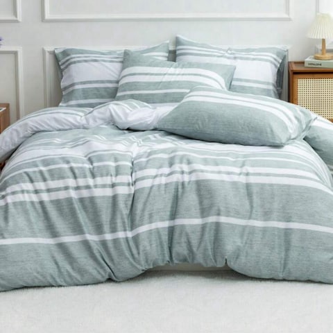 Luna Home Single Size 4 Pieces Green Stripe Design Duvet Cover Set