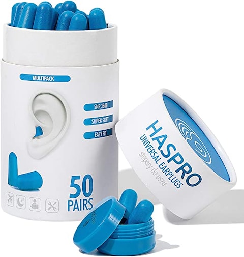 HASPRO [50 PAIRS] Eco-Friendly Bulk Pack, Ultra Soft Foam Earplugs in GIGA Tube with Carry Case, Best Earplugs for Noise Canceling, Snoring, Work, DIY, Noise Reduction SNR 38dB (Blue)