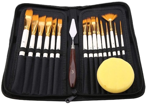 Doreen 17Pcs Artist Paint Brush Set with Carrying Black Case Paint Knife Sponge for Watercolor Brush Oil Acrylic Drawing Painting（GC1747A）