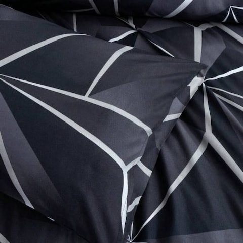 Luna Home Queen Size 6 Pieces, Black With Grey Geometric Design Duvet Cover Set