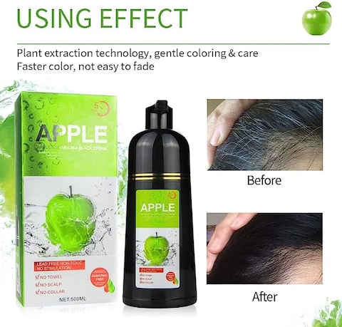 Apple Herbal Extract Ammonia-Free Hair Color Cream No Side Effect Shampoo 500ml (Black)