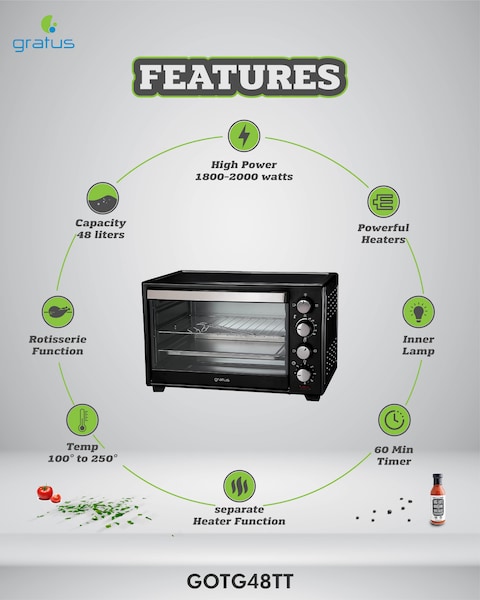 Gratus 48L Electric Oven Toaster Grill (2000W) GOTG48TT