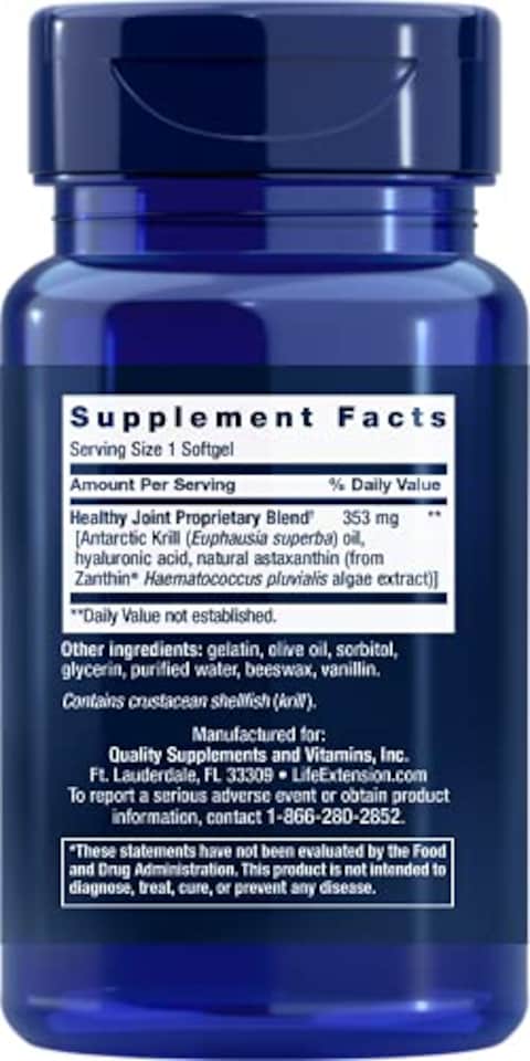 Life Extension Krill Healthy Joint Formula With Hyaluronic Acid &amp; Astaxanthin - Healthy Joints, Healthy Body - Non-Gmo, Gluten-Free - 30 Softgels