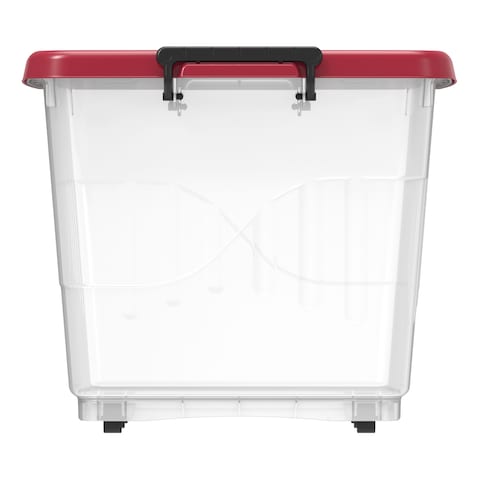 Cosmoplast Plastic Storage Box With Wheels And Lockable Lid Red And Clear 132L