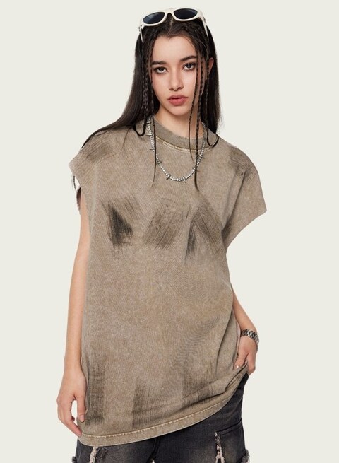 Mei Stylish Unisex Summer Casual Sleeveless Relaxed Fit Crew Neck T-shirt, S Size, Light Brown