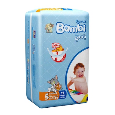 Sanita Bambi Baby Diapers Extra Large Size 5, 11 Count, 12-22kg