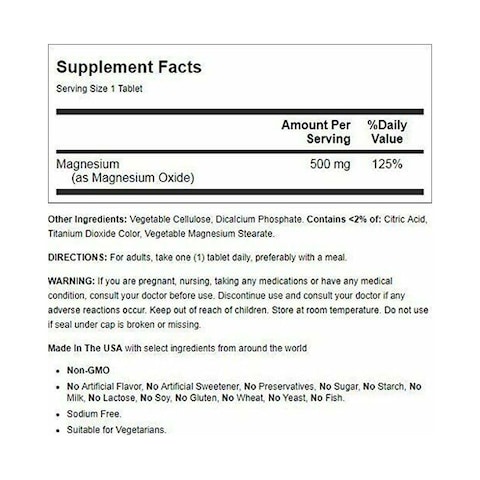 Nature&#39;s Bounty Magnesium 500mg Mineral Supplement 100 Tablets