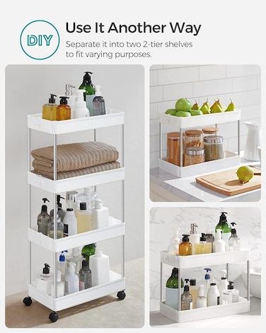 COZY NEST Multi Tier Rolling Trolley Storage Organizer Utility Cart with Hooks &amp; Wheels,Mobile Functional Shelves for Bathroom,Kitchen,Office,Laundryroom (White 4 Tier)