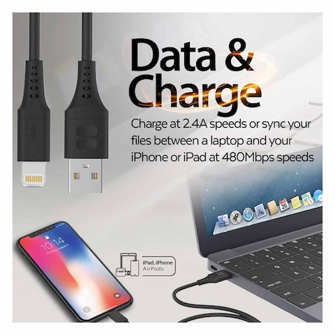 Promate Lightning To USB-A Data Sync And Charging Cable 2m Black