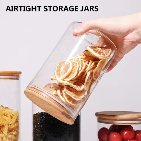 1CHASE Borosilicate Glass Jars With Bamboo Lids, Glass Food Storage Jars With Wood Lids For Pantry-5 Pcs Set (1200ml/ 750ml/ 500ml)