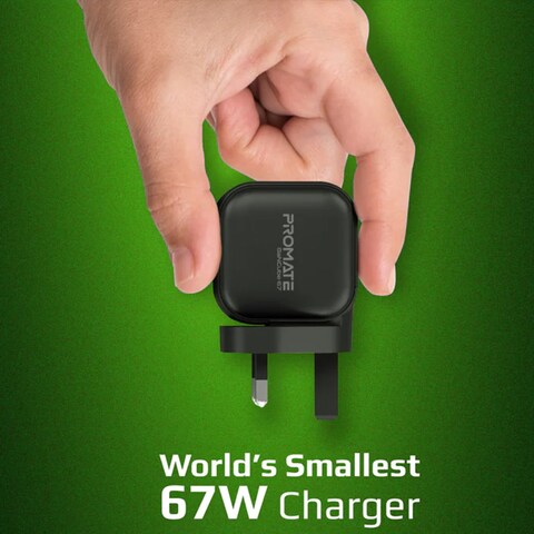 Promate GANCUBE-67.BLACK-UK USB Type-C GaN UK Wall Charger with 67W Power Delivery USB-C 3.0 Port