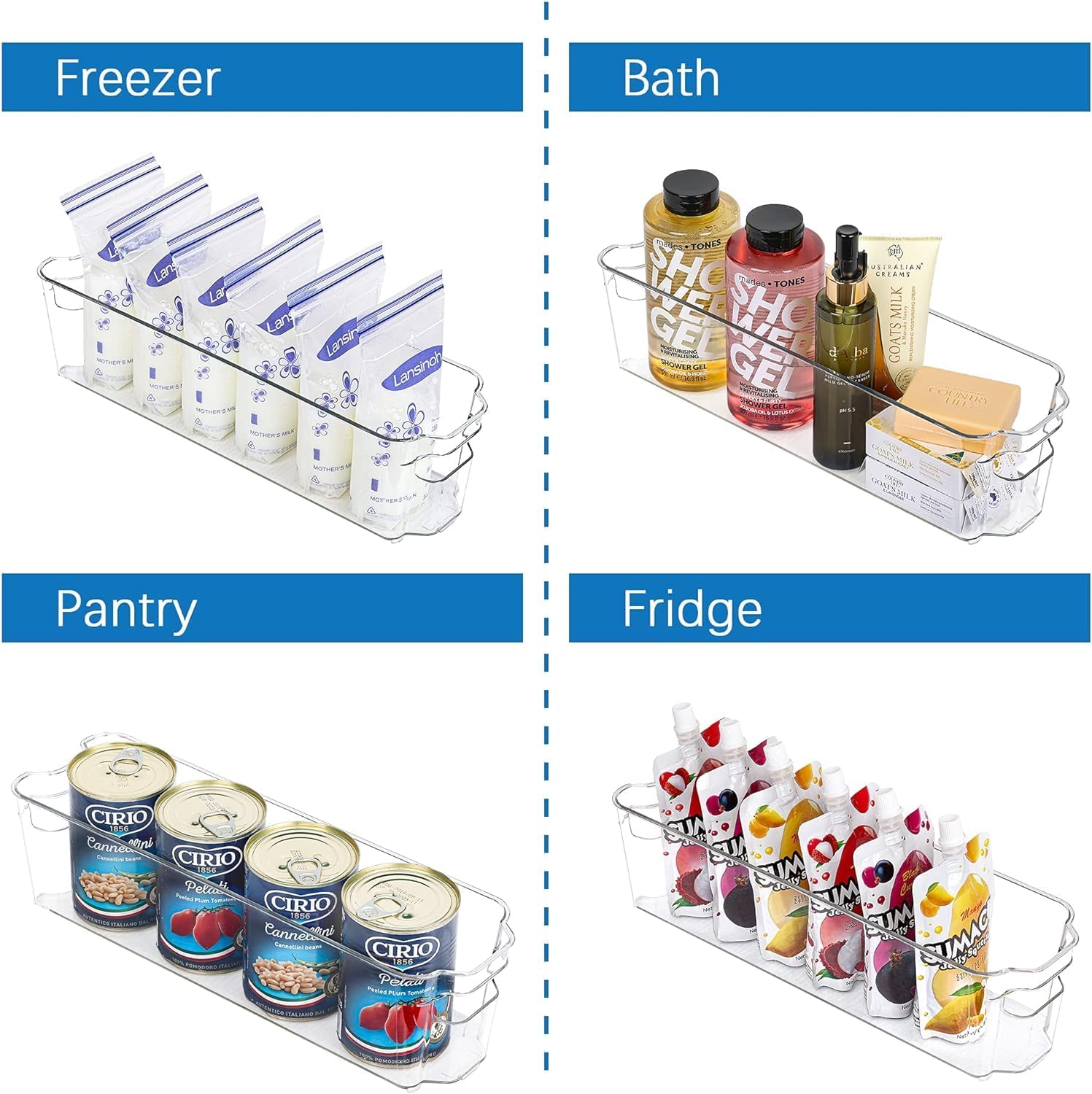Atraux Long Narrow 4-PCs Clear Plastic Storage Bin, Closet &amp; Accessories Organizer, Kitchen/Pantry/Refrigerator