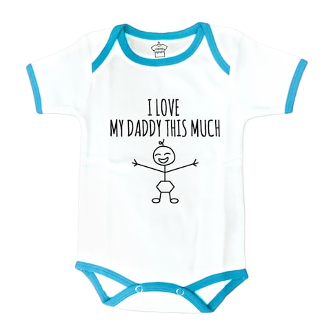 Cheeky Micky -Body Suit with Message : I Heart My Daddy This Much (Blue Trim) Age: 6-12 months