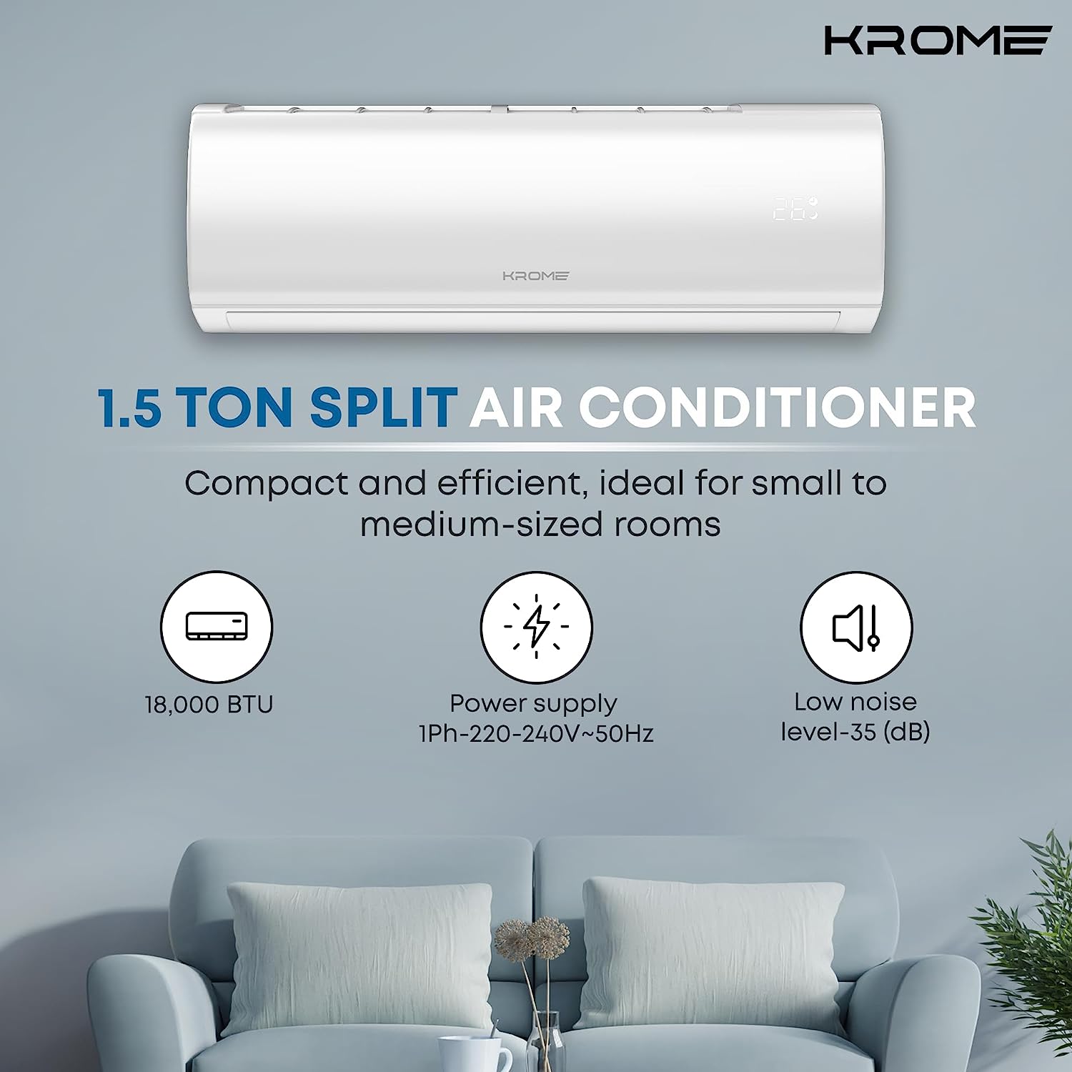 Krome 1.5 Ton AC, Split Air Conditioner With Advanced Rotary Compressor Technology, 18000 BTU, Low Noise, Environment Friendly R-410a, Smooth And Stable Operations, White, KR-AR18TT3