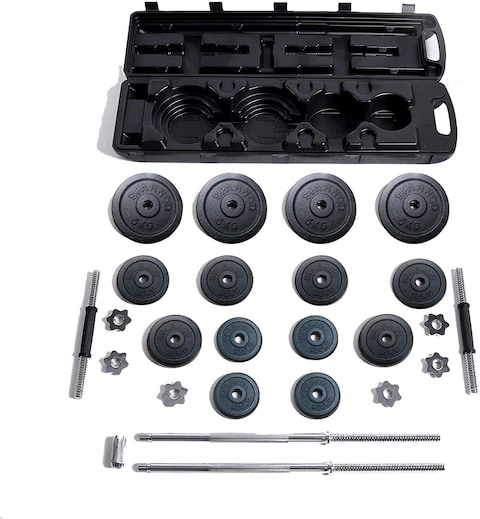 Sparnod Fitness 50kg Adjustable Dumbbell &amp; Barbell Weight Set Set with 4 Rods and 14 Plates - Dumbbells with Anti-slip Grip, Barbell rod &amp; Carry Case (SD-50)