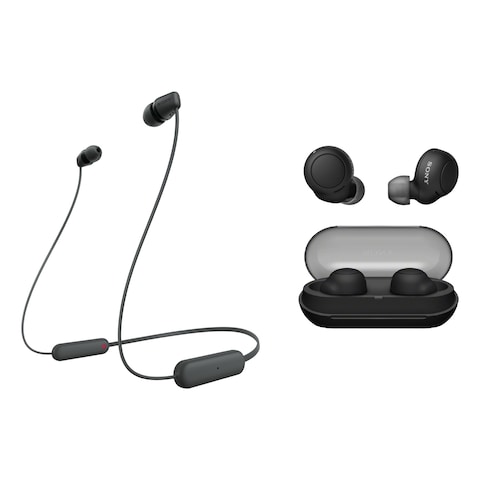 Sony WI-C100 Bluetooth In-Ear Headphones and WF-C500 Truly Wireless Bluetooth In-Ear Earbuds with Charging Case Black