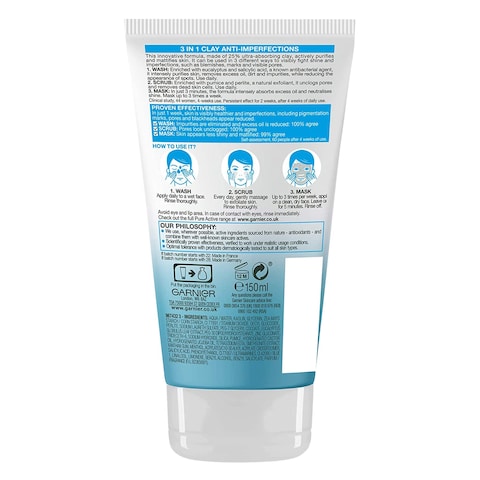 Garnier Skin Active Pure Skin 3 In 1 Clay Wash Scrub And Mask Face Cleanser 150ml