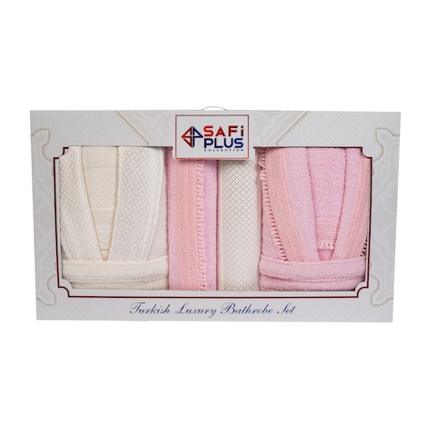 6 Piece Family Bathrobe Set &amp; Towels, Premium Turkish Cotton 2 Bathrobes &amp; 4 Towels in box Matching Couple set (Cream Pink)