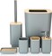 Bamboo Bathroom Accessories Set of 6 Modern Design 6 Pieces Bathroom Accessory Set Soap Dispenser Toothbrush Holder Tooth Mug Soap Dish Toilet Brush Rubbish for Bathroom Home Decor (Grey)