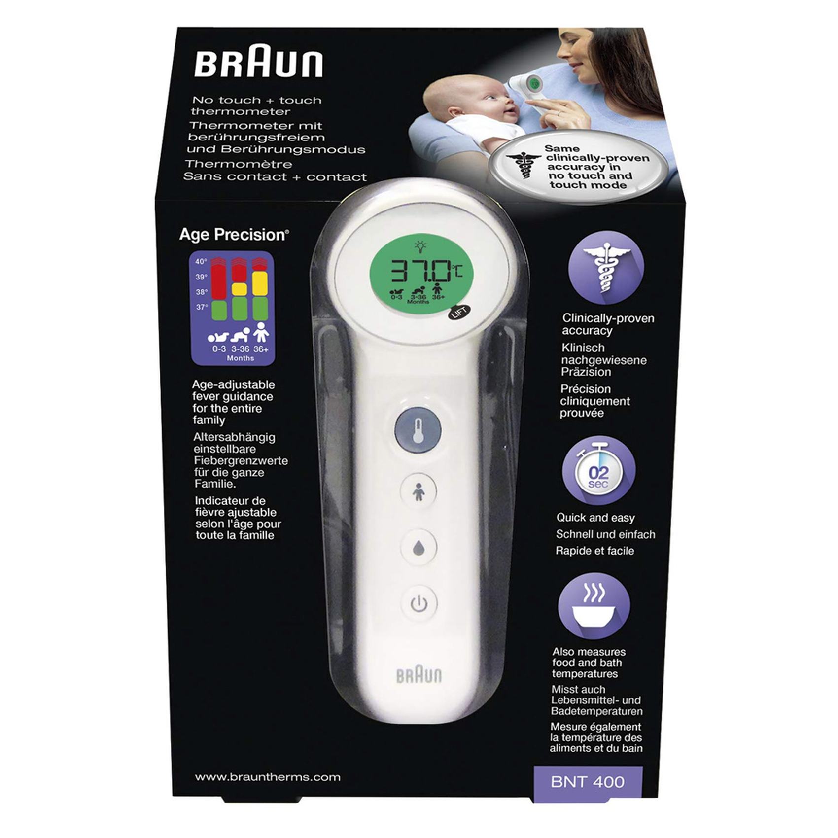 Braun 3 in 1 Forehead Food or Bath No Touch Thermometer BNT400 White