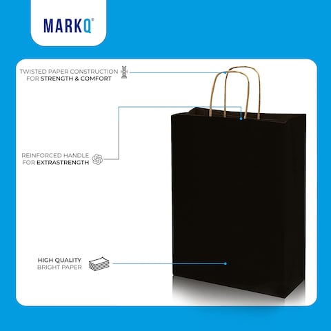 Markq Black Paper bags with handles 33 x 26 x 12 cm Large Kraft Gift bags for Birthday Party Supplies, Weddings, Shopping, Presents (12 Bags)