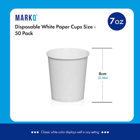 [50 Cups] 7oz. White Paper Cups - Available in 4oz, 8oz, 12oz, 16oz- Disposable Coffee/Tea/Water Cups for Home, Parties or Work