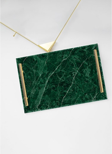 Lowha Decorative Acrylic Serving Tray With Gold Metal Handles And Marble Texture Design 20x30 cm