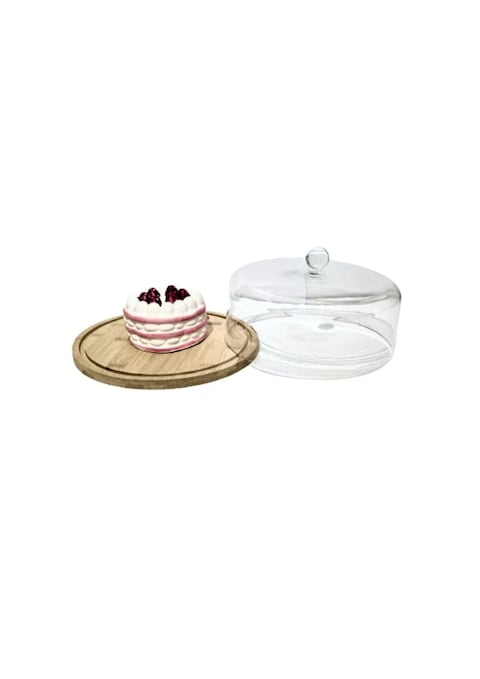 Lihan Acrylic Dessert Plate With Base, Wood Cake Tray 22X11Cm With Clear Acrylic Cover, Cake Fruit Display Server Tray For Kitchen, Birthday, Wedding, Appetizer Dessert (Round)