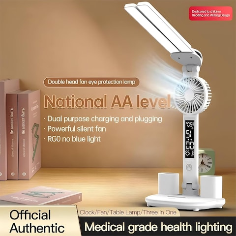 Foldable Double Head Led Fan Desk Lamp,USB Rechargeable Reading Lamp with Digital Temp, Time, Date, Pen Holders 3 Color Modes and Infinite Dimming, Double Swing Arm Desk Lamp,for Reading, Home