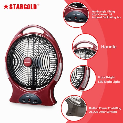 STARGOLD Rechargeable Fan 12 Inch AC/DC Oscillating Fan 22W With 8Pcs Super Bright LED Light