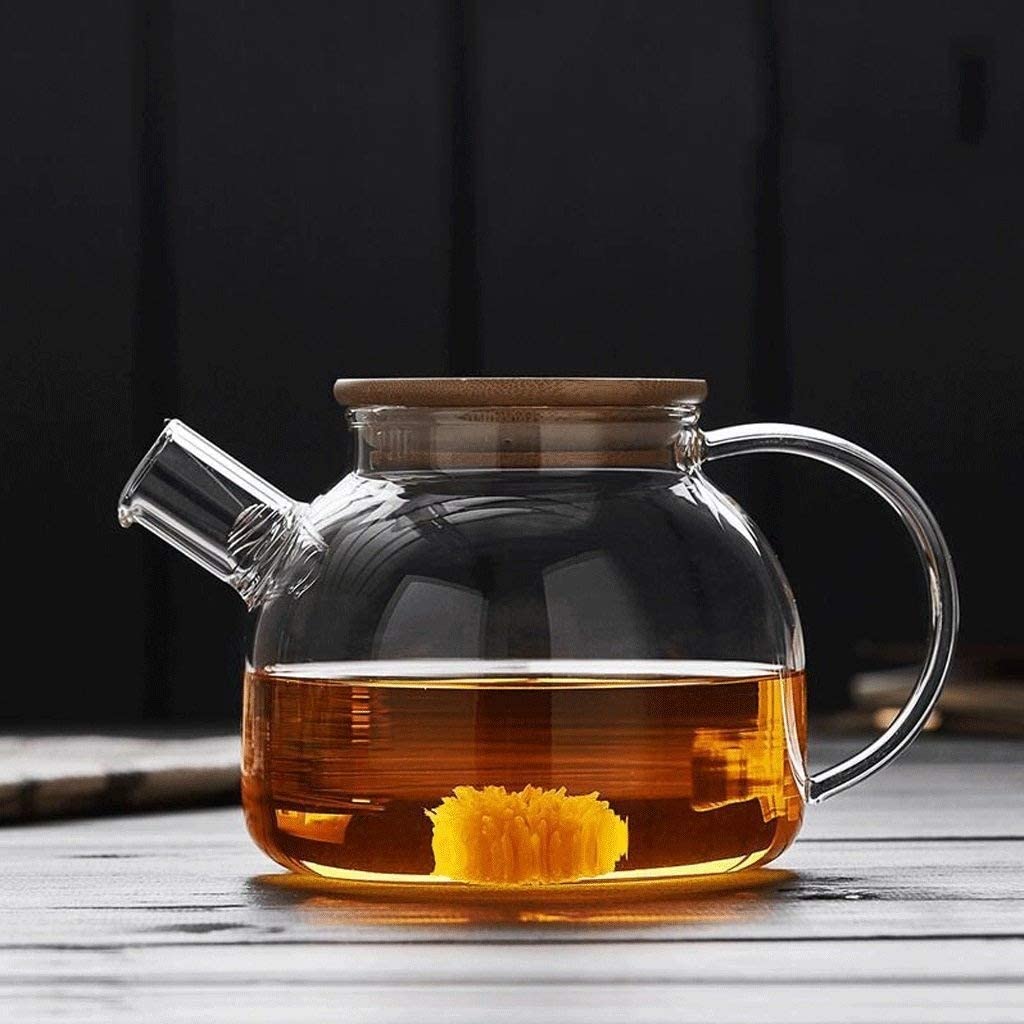 FUFU Glass Teapot with Removable Infuser,Stovetop Safe Teapot for Loose Leaf and Blooming Tea,1000ML Clear Teapots with Bamboo Lid