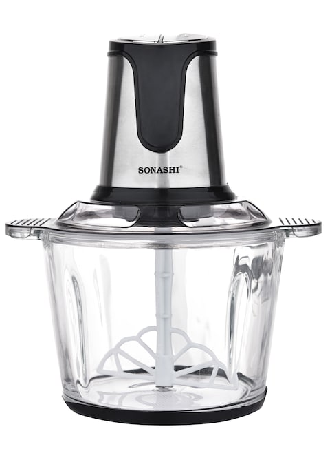 Sonashi Food Chopper With Mincer Grinder Function, Glass Bowl And Quad Blade With Egg Beater, Garlic Peeler &amp; Scraper Blade 3 L 500 W SMC-23G Black/Silver