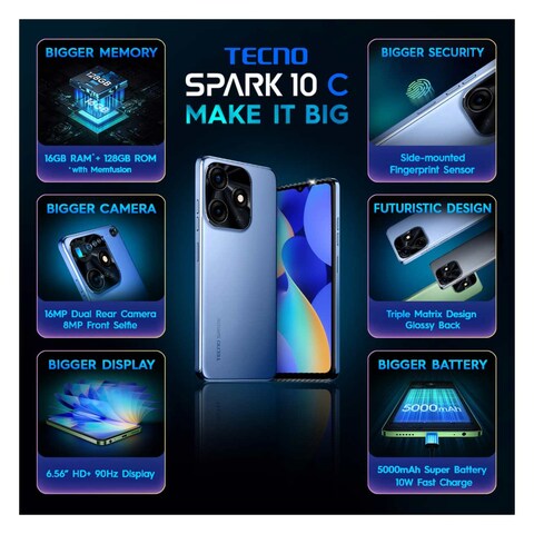 Tecno Spark 10C KI5K 4GB 128GB 4G Dual SIM Smartphone 6.6 Inch Blue