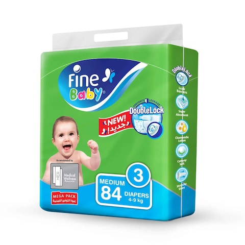 Fine Baby Diapers, DoubleLock Technology, Size 3, Medium 4 ndash 9kg, Mega Pack of 84 diapers