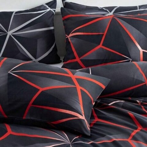 Luna Home King Size 6 Pieces, Black With Red Geometric Design Bedding Set