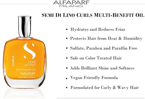 Alfaparf Milano Semi Di Lino Curls Multi-Benefit Oil For Wavy And Curly Hair, Hydrates And Nourishes, Reduces Frizz, Humidity And Thermal Protection, Vegan-Friendly Formula 3.38 Fl OZ