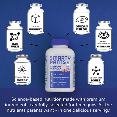 Smartypants Teen Guy Complete Daily Gummy Vitamins: Multivitamin, Gluten Free, Vitamin D3, Lutein/Zeaxanthin For Eyes*, Omega 3 Fish Oil (Dha/Epa), Folate (Methylfolate), 120 Count (30 Day Supply)