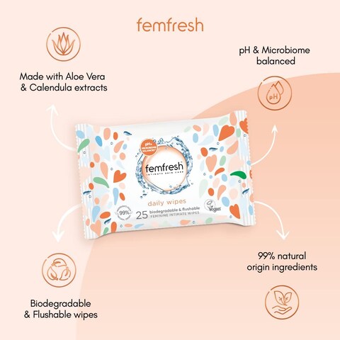 Femfresh Daily Wipes - Biodegradable &amp; Flushable, Pack Of 25 Wipes (Packaging May Vary)
