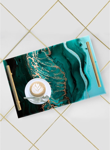 Lowha Decorative Acrylic Serving Tray With Gold Metal Handles And Art Waves Design 20x30 cm