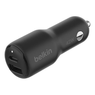 Belkin BoostCharge 1 USB-C and 1 USB-A Port Car Charger, Black, 42 W