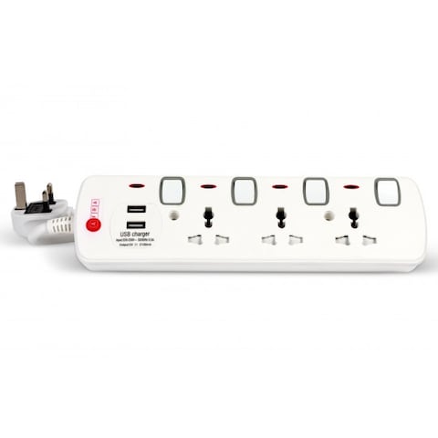 AFRA Universal Extension Cord, 3Way 2USB 3M, Plastic Housing, Shock Proof, 250V, ESMA, Certified, G-mark Approved, AF-004EXGY-USB With 2 Years Warranty