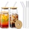 1CHASE&reg;️ Borosilicate Glass Mason Jar With Bamboo Lid, Glass Straw and Cleaning Brush, Can Shaped Tumblers For Iced Tea, Coffee, Latte, Juices, Cocktail, Beer And For Everyday Use, Set Of 4, 550 ML
